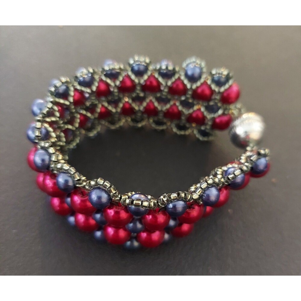 Unique Hand Crocheted Bracelet Reversible Magnet Clasp Red & Blue Beads Cuff